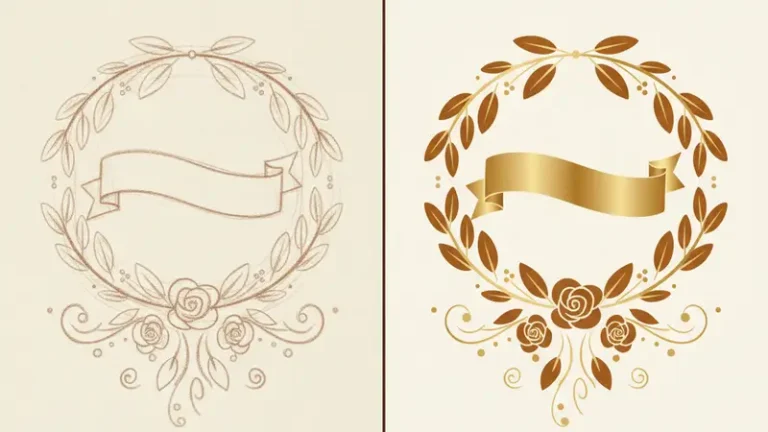 Ilustrasi bingkai lingkaran dengan pita dan ornamen daun serta bunga dalam versi sketsa dan warna emas.