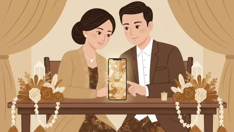 Ilustrasi pasangan meninjau rancangan undangan menggunakan ponsel bersama.