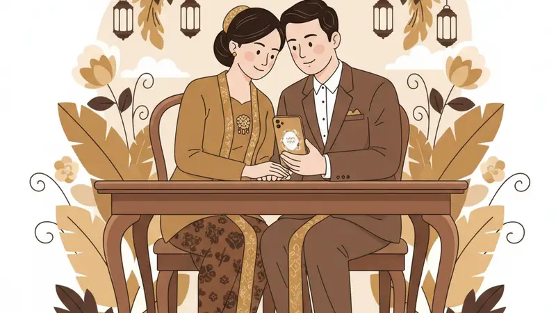 Ilustrasi pasangan mengenakan busana tradisional dan meninjau undangan di ponsel di meja.