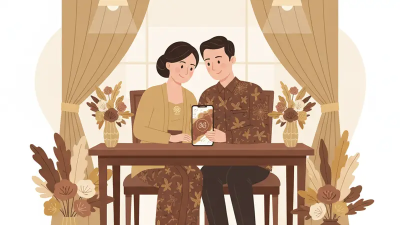 Ilustrasi pasangan sedang membuat website undangan digital