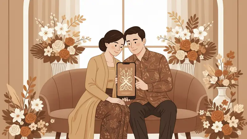 Ilustrasi pasangan sedang melihat website undangan digital di laptop
