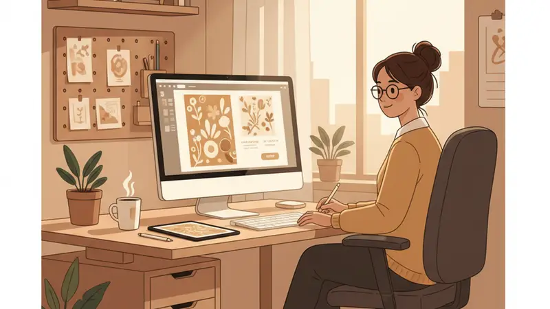 Ilustrasi perancang bekerja di komputer dengan contoh bingkai undangan dan papan referensi.