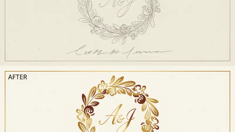 Ilustrasi bingkai undangan dengan ornamen daun dalam versi sketsa dan warna emas.