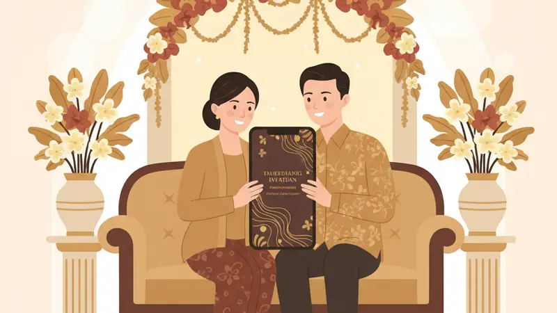 Pasangan sedang mendiskusikan cara menentukan harga undangan digital di laptop