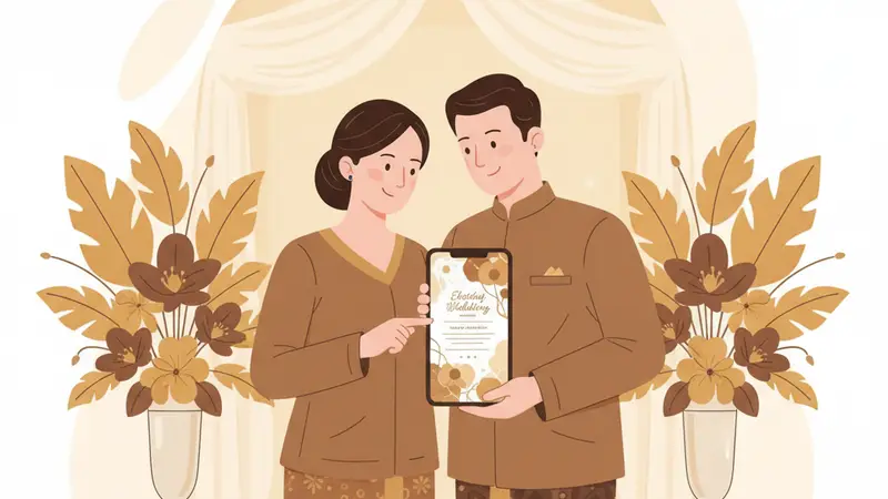 Ilustrasi pasangan sedang melihat undangan digital yang sudah diedit di tablet