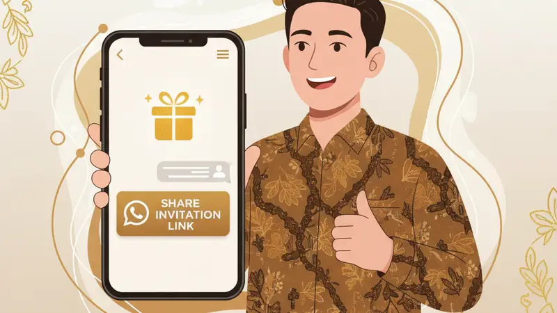 Pasangan tersenyum bahagia melihat undangan digital mereka yang sudah final di smartphone