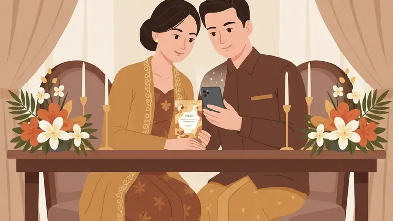 Ilustrasi pasangan berbusana adat meninjau rancangan undangan di atas meja.