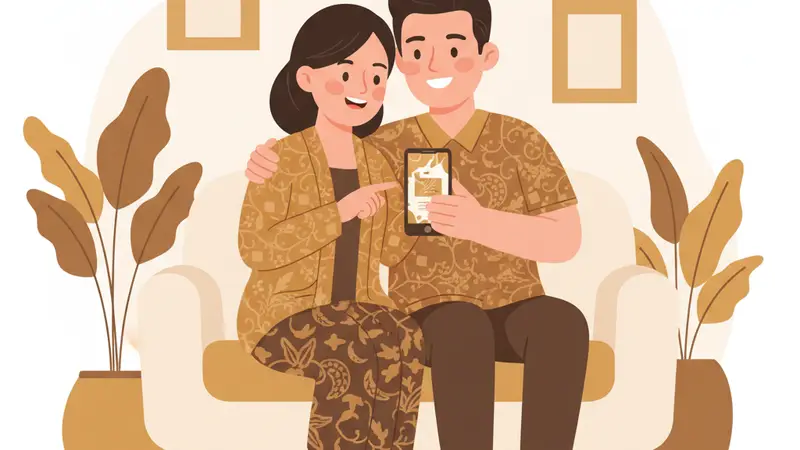 Ilustrasi pasangan berpakaian batik memeriksa undangan di ponsel sambil duduk berdampingan.
