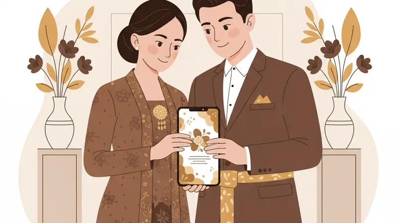 Ilustrasi pasangan pengantin sedang melihat undangan digital di laptop dengan latar belakang dekorasi pernikahan