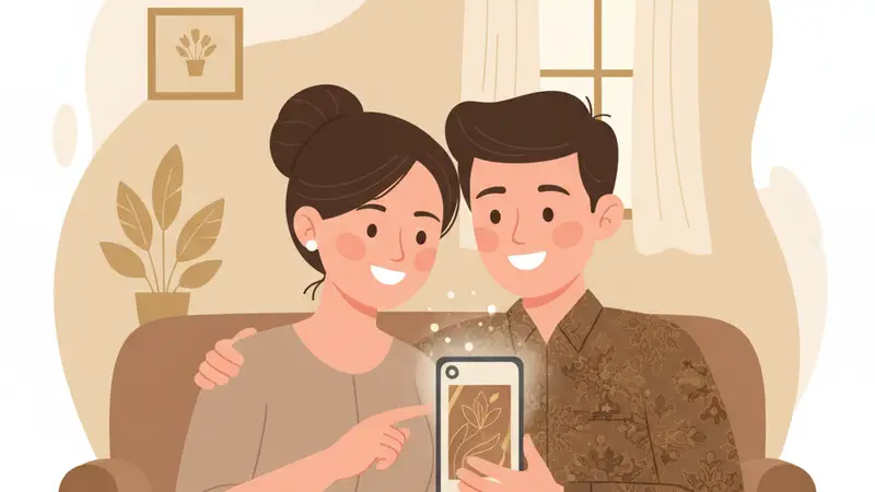 Pasangan pengantin muda sedang tersenyum sambil melihat desain undangan digital mereka di tablet