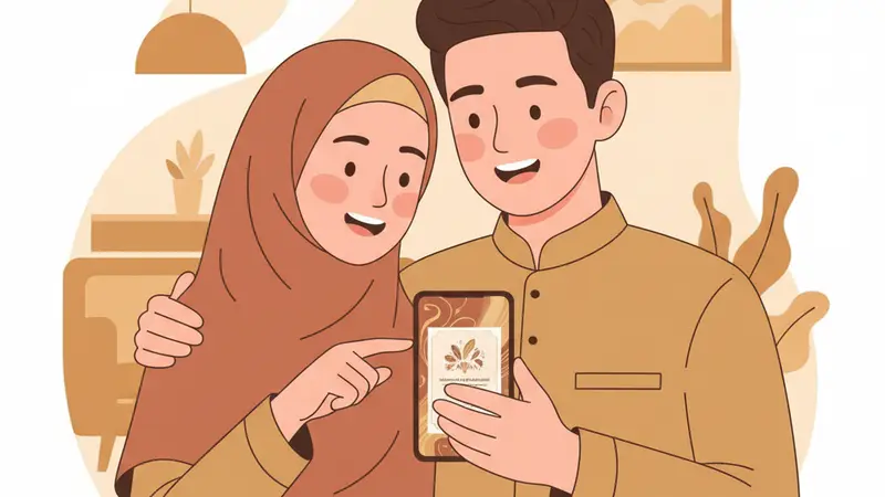 Calon pengantin sedang membandingkan berbagai desain cetak undangan online