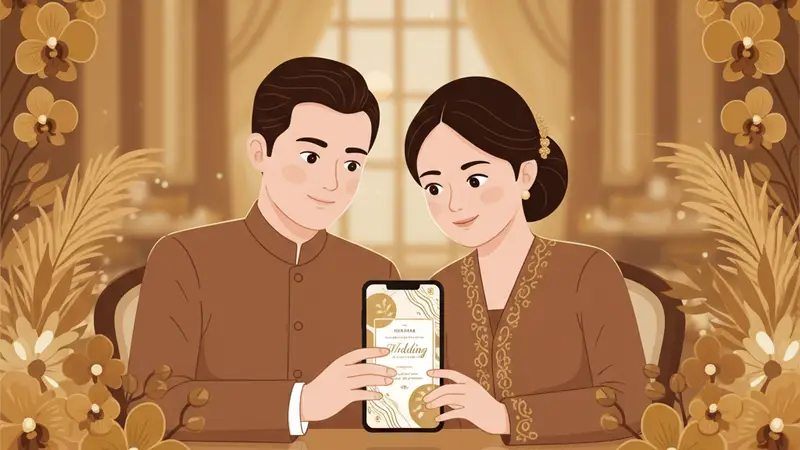 Pasangan berbahagia melihat contoh undangan pernikahan digital di tablet