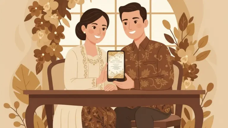 Ilustrasi pasangan menunjukkan undangan di ponsel