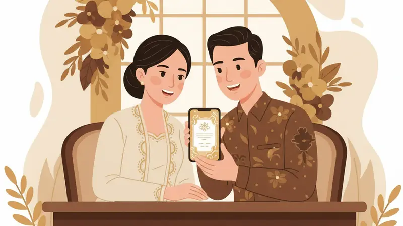 Ilustrasi pasangan melihat undangan pada ponsel