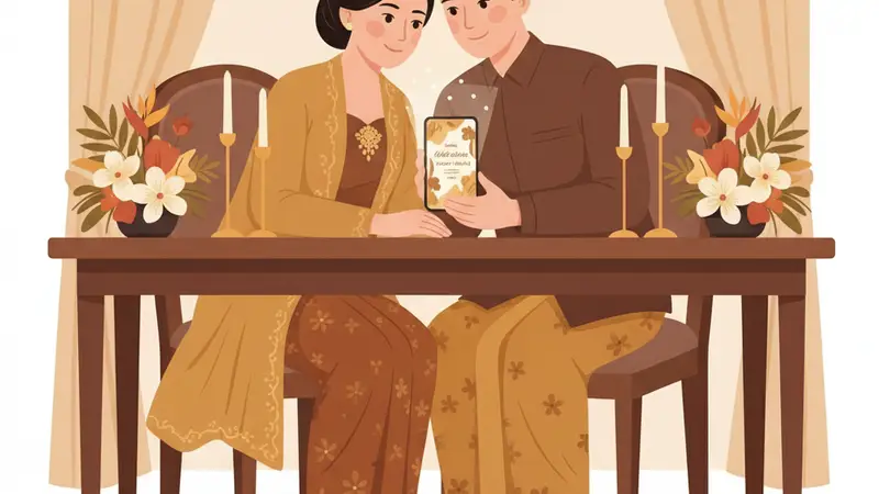 Ilustrasi pasangan sedang melihat desain undangan online di tablet