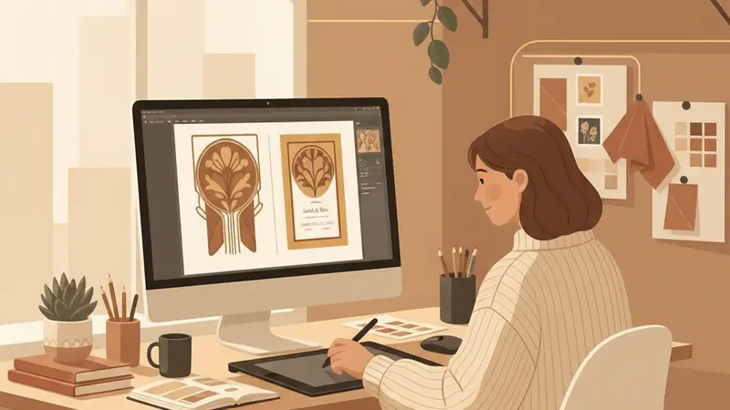 Ilustrasi desainer memilih contoh undangan di komputer