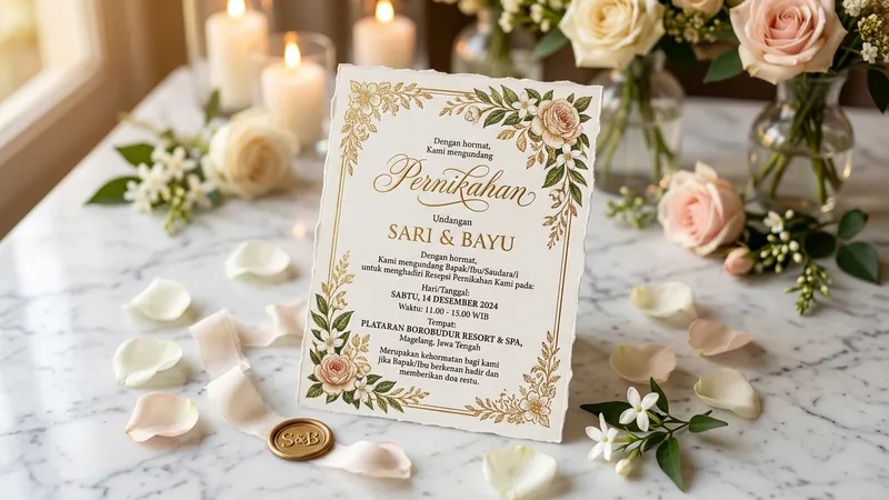 Desain undangan pernikahan digital elegan dengan ornamen floral