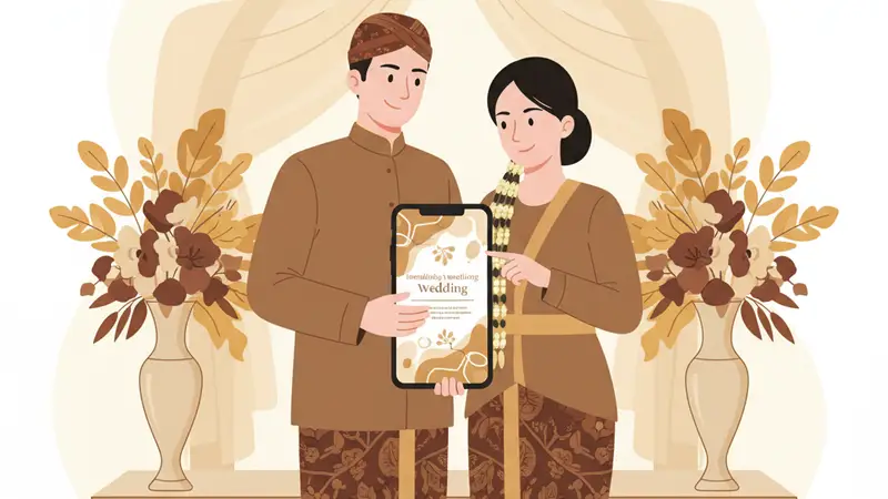 Pasangan sedang melihat desain undangan pernikahan online di tablet