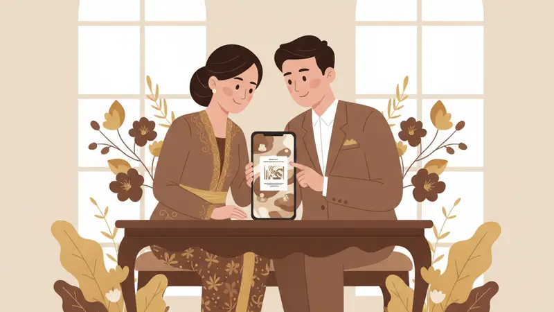 Ilustrasi pasangan menggunakan digital undangan di smartphone
