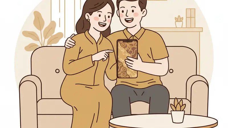 Pengantin sedang melihat contoh desain digital undangan di laptop