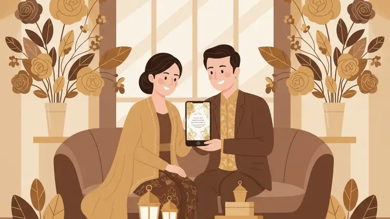 Pasangan sedang memilih template undangan pernikahan digital kosong di laptop
