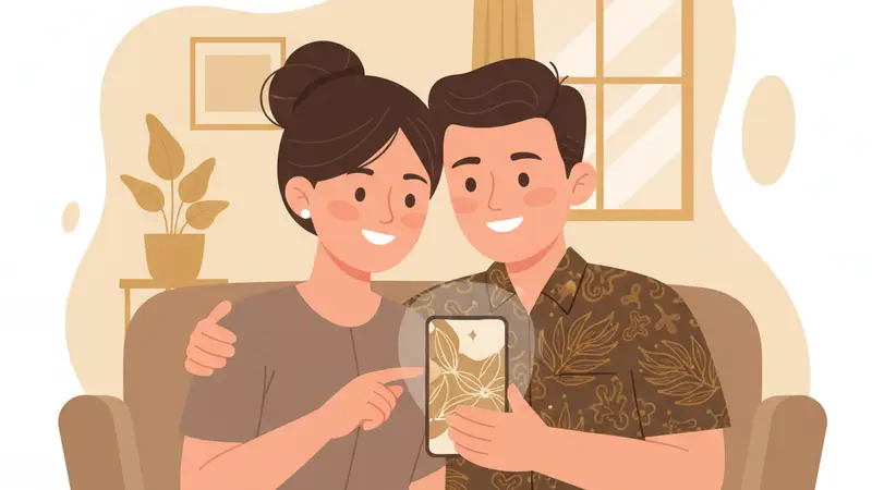 Pengantin wanita sedang memegang tablet menampilkan undangan digital, tampak bahagia