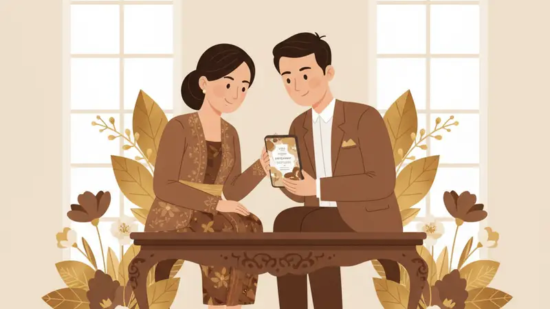 Ilustrasi pasangan sedang melihat undangan digital di handphone