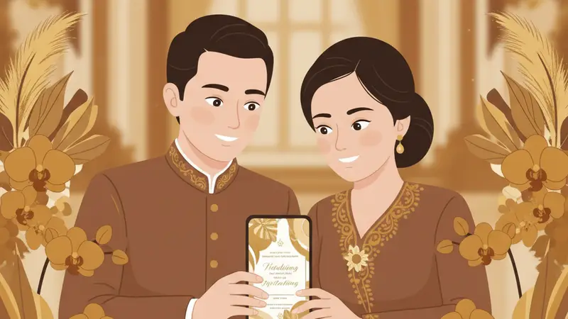 Ilustrasi pasangan sedang melihat undangan digital di smartphone