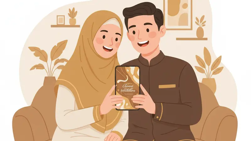 Ilustrasi calon pengantin melihat proses pemesanan undangan digital di laptop