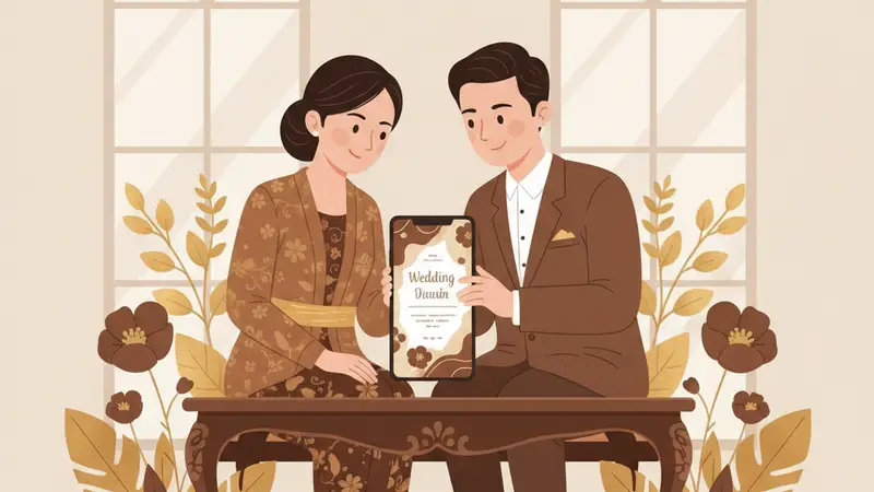 Ilustrasi keluarga bahagia dengan anak yang baru khitan, memegang undangan digital di tablet