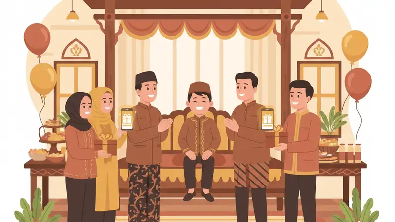 Ilustrasi undangan digital khitanan dengan berbagai fitur seperti peta lokasi dan galeri foto