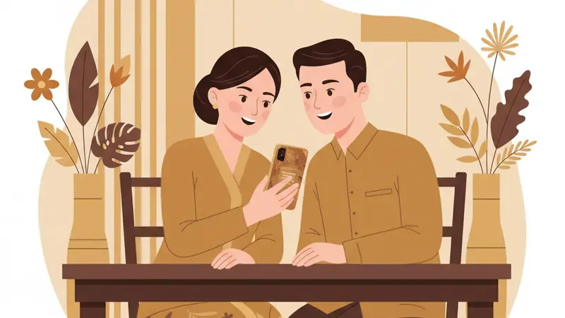 Pasangan sedang mengedit undangan online di laptop dengan senyum