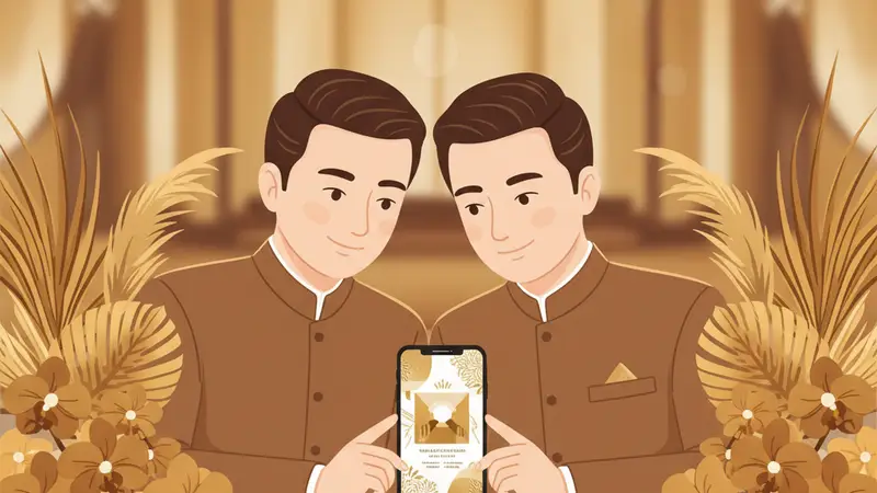 Pasangan berbahagia menunjukkan foto undangan nikah digital mereka