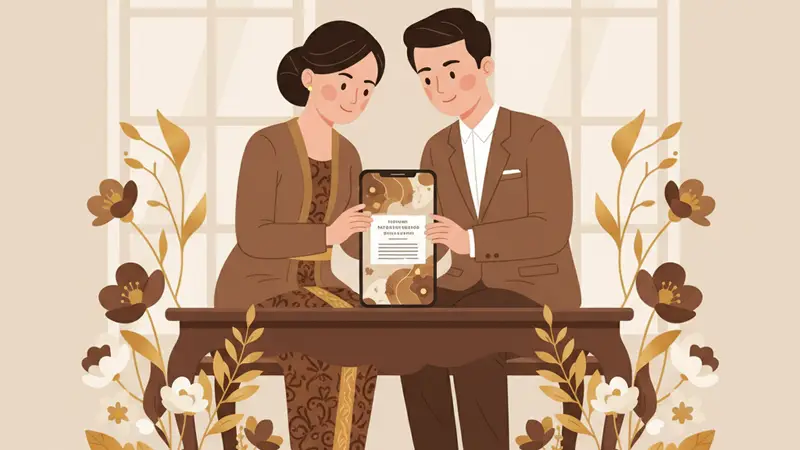 Pasangan pengantin berpose romantis untuk foto undangan nikah digital mereka
