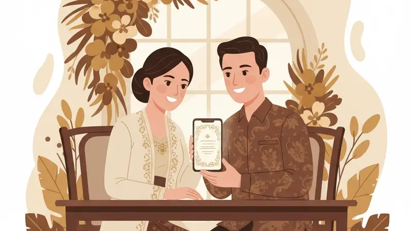 Ilustrasi pasangan sedang melihat harga bikin undangan digital di laptop