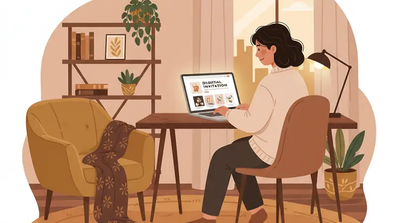Ilustrasi smartphone menampilkan undangan digital dengan fitur peta dan galeri foto