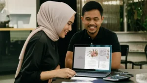 Pasangan Indonesia membandingkan harga buat undangan digital di laptop