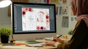 Desainer grafis Indonesia membuat desain undangan digital di komputer