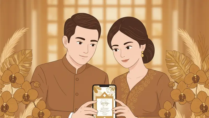 Ilustrasi pasangan sedang melihat harga design undangan digital di laptop