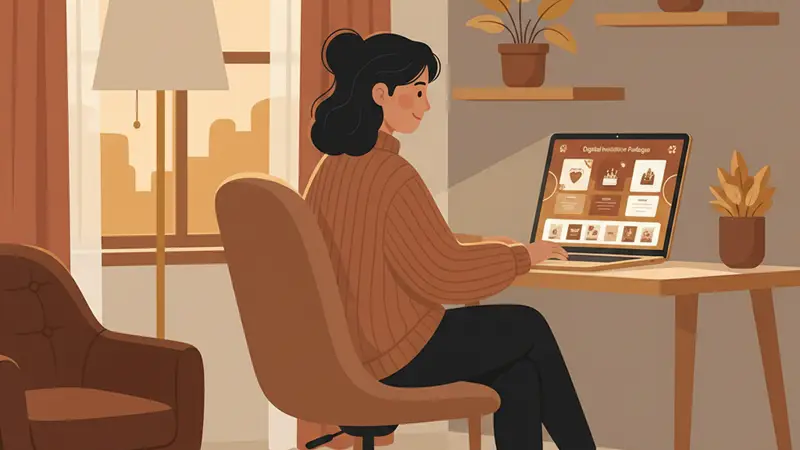 Ilustrasi pasangan sedang melihat undangan digital dengan berbagai fitur interaktif