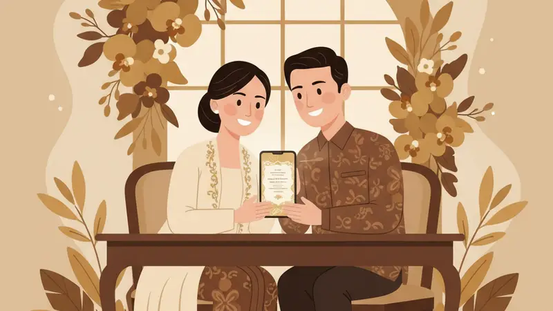 Pasangan melihat desain undangan digital di tablet