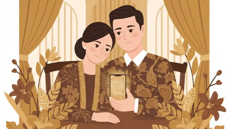 Pasangan pengantin melihat harga membuat undangan digital di laptop