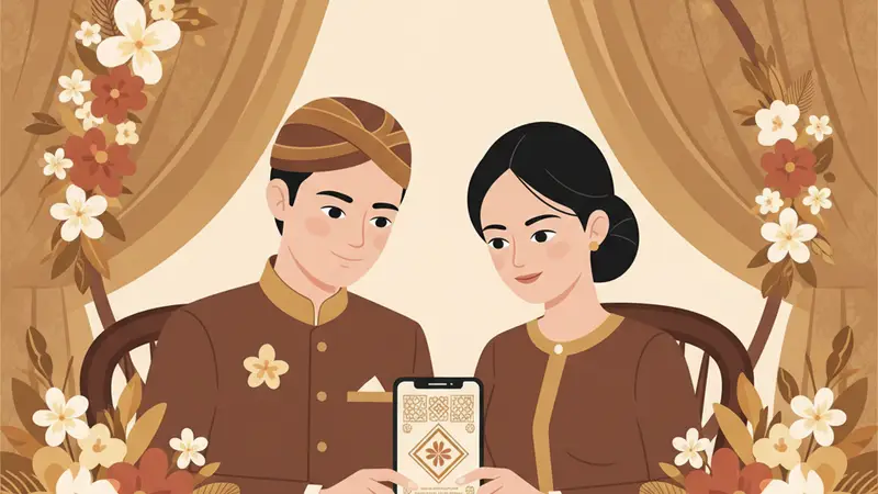 Pasangan pengantin sedang melihat tablet berisi undangan digital pernikahan