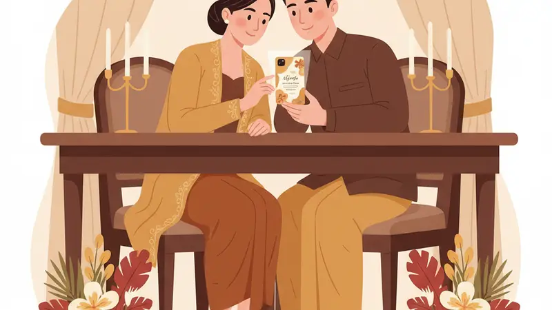 Pasangan pengantin melihat harga undangan digital online di laptop