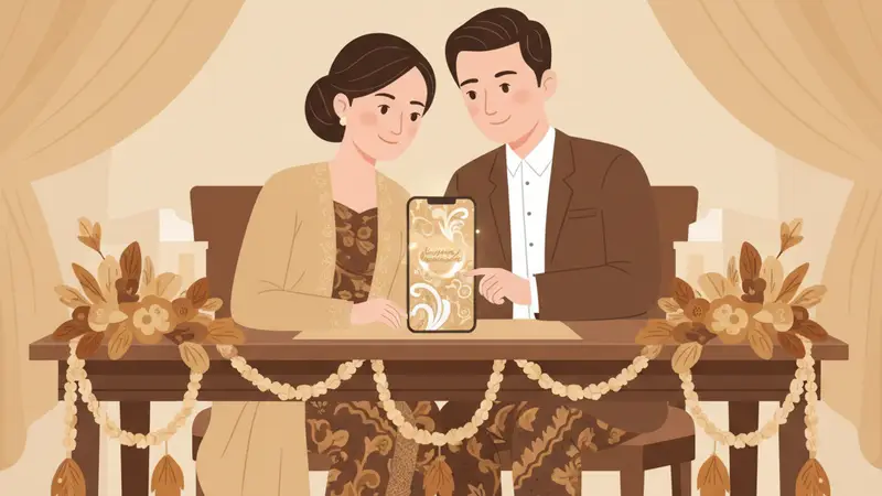 Ilustrasi pasangan memperlihatkan undangan pada ponsel di meja berhias bunga