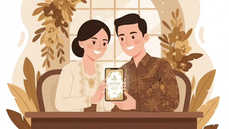 Ilustrasi pasangan di meja memperlihatkan undangan bernuansa emas pada ponsel