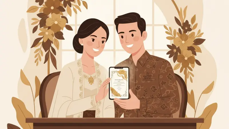 Ilustrasi pasangan sedang melihat harga undangan digital pernikahan di tablet