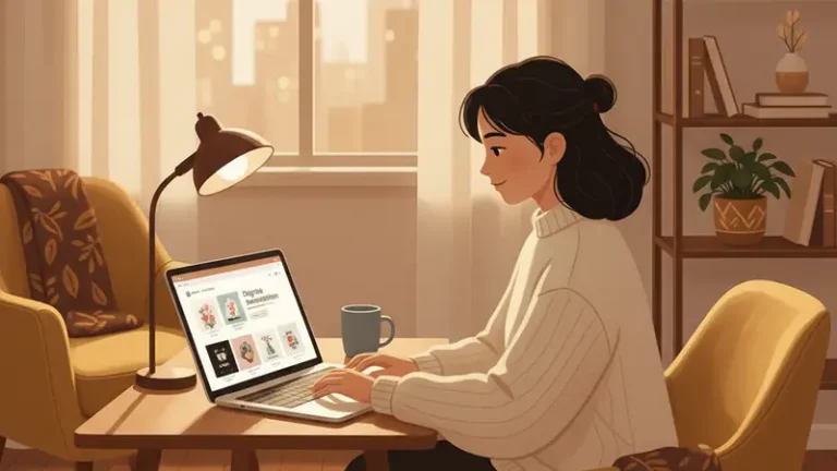 Ilustrasi perempuan memilih desain undangan melalui laptop di meja kerja