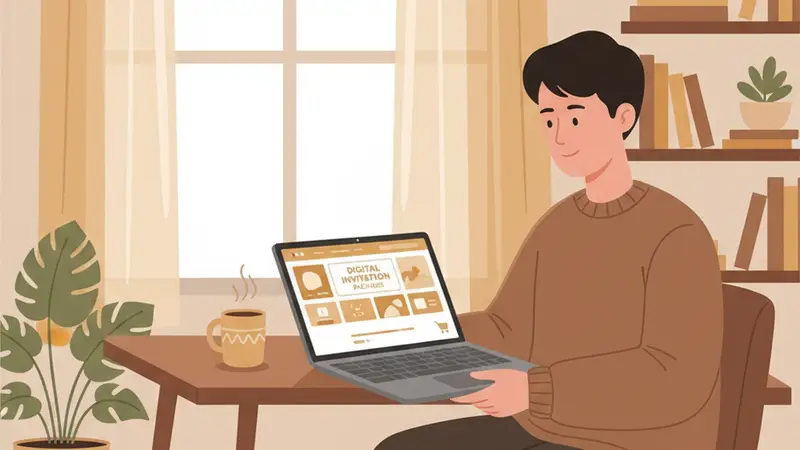 Ilustrasi seseorang memilih desain undangan pada laptop