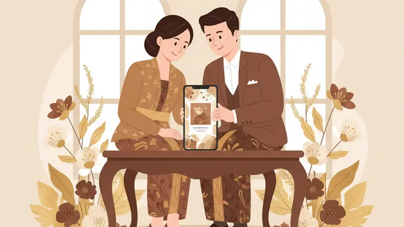 Pasangan berbahagia melihat undangan digital storyline di tablet